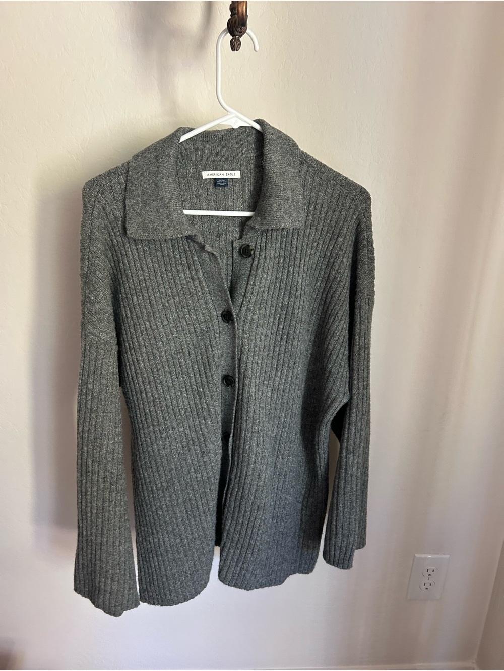 American Eagle Outfitters Charcoal Ribbed Button-Up Cardigan
